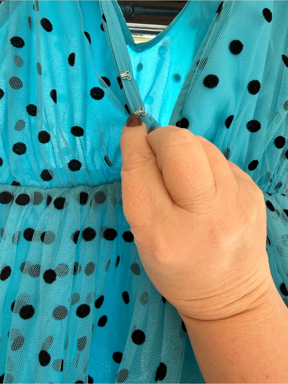 Teal Blue Polka Dot Tulle Party Dress with Black Dots - Picture 4 of 8